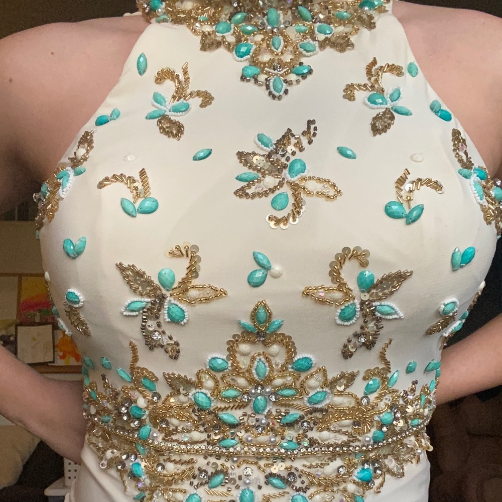 two-piece cream prom dress